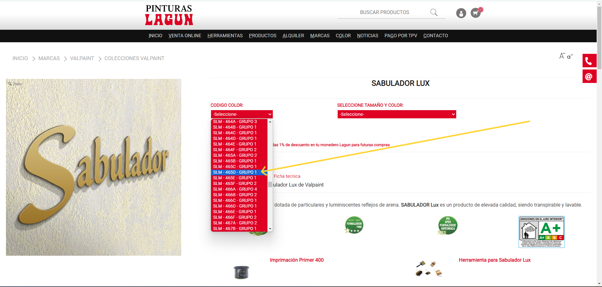 Seleccionar c&oacute;digo color para Sabulador Lux